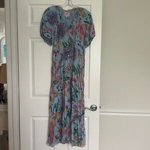 Banjanan poppy dress in blue with floral tropical colors. Size L EUC Midi dress